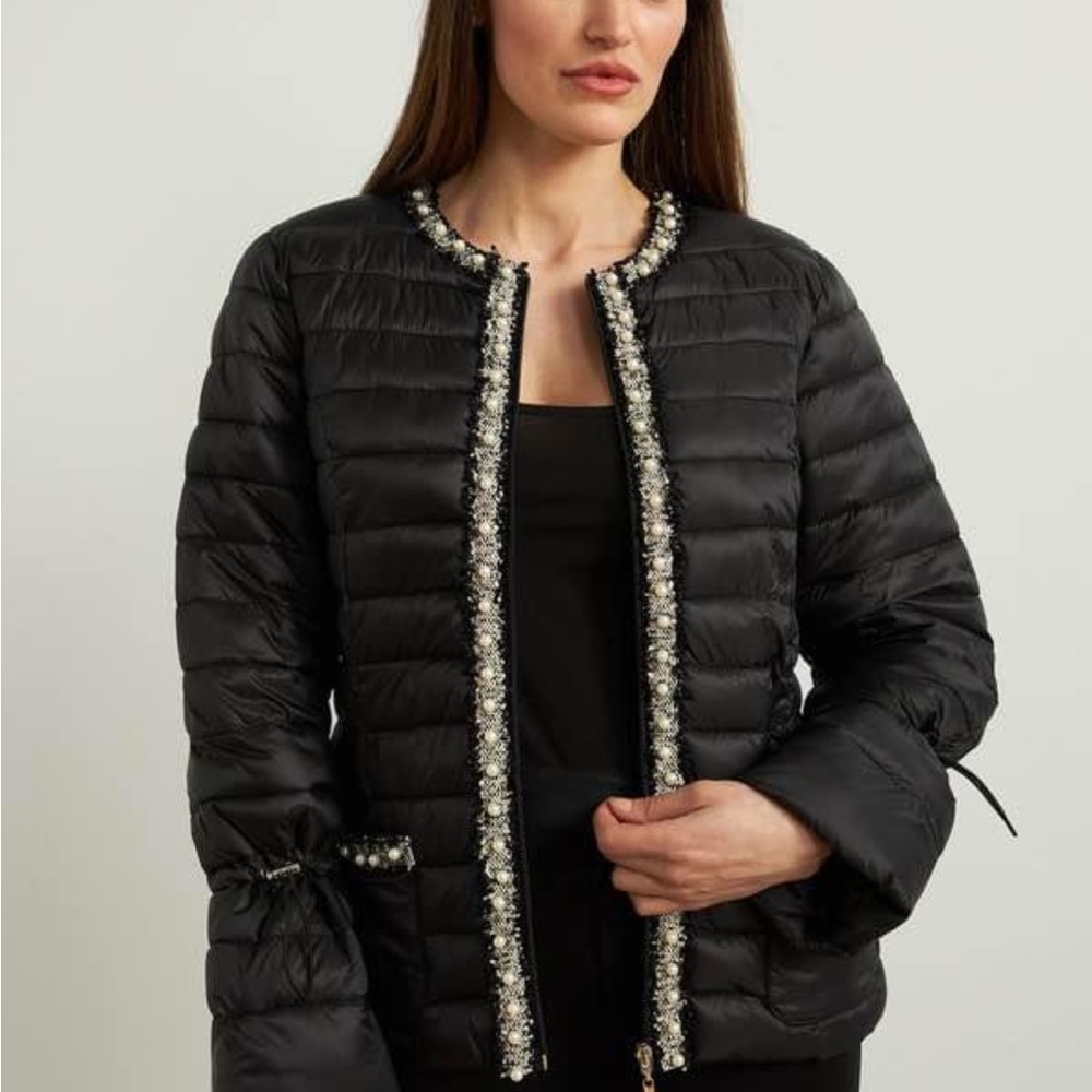 Joseph Ribkoff Black Puffer Jacket with Embellished Trim
